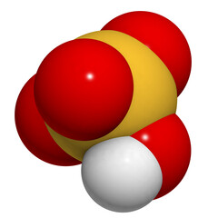 Sulfuric acid (H2SO4, oil of vitriol) molecule, chemical structure. Highly corrosive strong mineral acid. Used as an electrolyte in lead-acid car batteries.