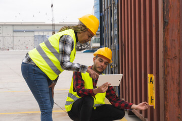 Female worker in safety clothes pointing at her coworker's tablet screen in the vicinity of a port