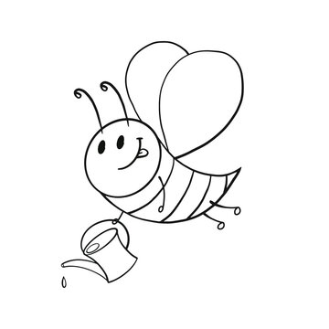 Monochrome image. Cute bee with a small watering can, bee watering plants, vector cartoon