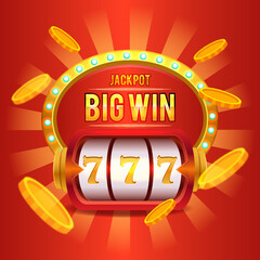 Big win slot machine with flying golden crypto coins. casino jackpot concept in realistic style
