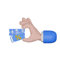 3D Hand holding ticket for flight airplane for trip. 3d travel booking and service. 3d render illustration