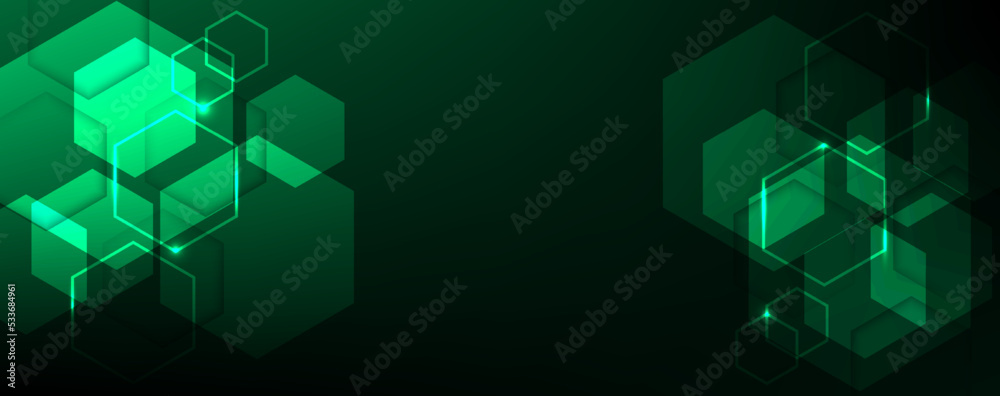Wall mural geometric abstract background with green hexagons. structure molecule and communication. science, te