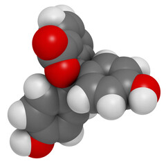 Phenolphthalein indicator molecule. Used in acid base titrations and as laxative.