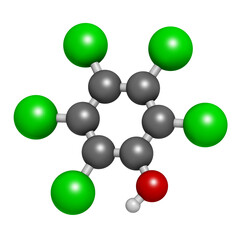 Pentachlorophenol (PCP) pesticide and disinfectant molecule. Often used for wood preservation.