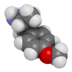 p-methoxyamphetamine (PMA) hallucinogenic drug molecule. Frequently leads to lethal poisoning when mistaken for MDMA (XTC, ecstasy). 3D rendering.