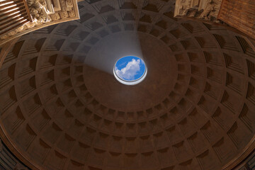 The Pantheon in Rome, Italy: the interior of the dome with its distinctive central hole, the “oculus”. © vololibero