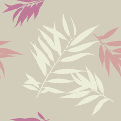 Retro Style Leaves seamless pattern - stamp style - bamboo branches on plain background in brown beige tone for home textile, bed linen, fashion, wallpaper, stationery
