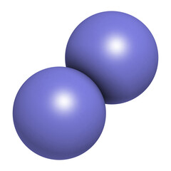 Elemental nitrogen (N2) molecule. Nitrogen gas is the main component of the Earth's atmosphere. Atoms shown as color coded spheres.