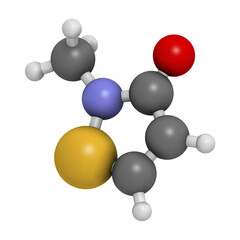 Methylisothiazolinone (MIT, MI) preservative molecule, chemical structure. Often used in water-based products, e.g. cosmetics.