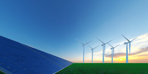 wind power turbine and solar energy in open landscape - 3D Illustration