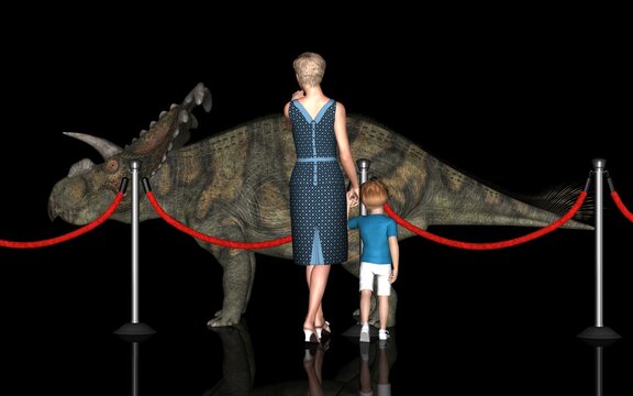 ロストワールド・恐竜博物館を見学する親子「アルベルタケラトプス」
