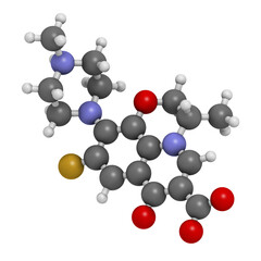 Levofloxacin antibiotic drug (fluoroquinolone class), chemical structure.