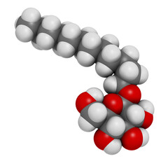 Lauryl glucoside (dodecyl glucoside) non-ionic surfactant molecule. Mild detergent, often used in cosmetics, shampoos, etc. Glycoside produced from lauryl alcohol and glucose.