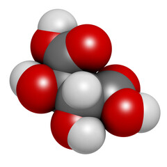 Tartaric acid (dextrotartaric acid) molecule. Acid present in wine, added as oxidant additive E334 to food.