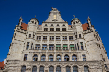 Windows in the facade of the new town hall building in Leipzig, Germany