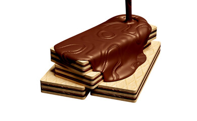 3d crispy wafer sticks with pour the hot chocolate isolated. advertising for packaging, 3d render illustration