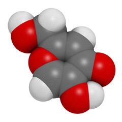 Kojic acid molecule. Used as food additive and for skin depigmentation in cosmetics. 3D rendering.