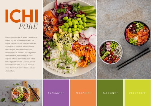 Composition of ichi poke text over bowls with food