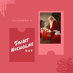 Composition of saint nicholas day text and santa claus at christmas with presents