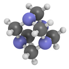Hexamethylenetetramine (methenamine) molecule. Medically used to treat urinary tract infection. Used as food preservative (E239).