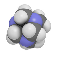 Hexamethylenetetramine (methenamine) molecule. Medically used to treat urinary tract infection. Used as food preservative (E239).