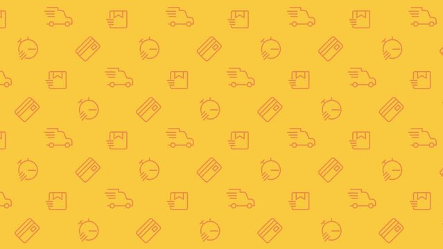 Animated speed seamless pattern. International shipping services. Quick money transfer. Send package. Looped icons on yellow background. HD video animation with repeated elements for web and mobile