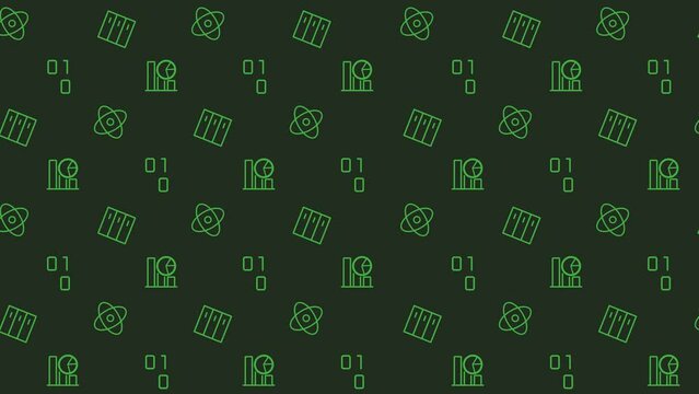 Animated mining seamless pattern. Data science. Decentralized database. Blockchain technology. Looped icons on dark green background. HD video animation with repeated elements for web and mobile