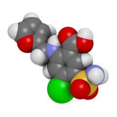 Furosemide diuretic drug, chemical structure. Medically used to treat hypertension. Also used as masking agent in sports doping.