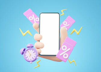 3D Hand hold smartphone. Alarm clock discount price tag floating isolated. Mobile phone blank screen. Special offer time, Flash sale, promotion concept. Cartoon minimal smooth. 3d render clipping path