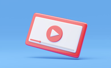 3D Social media icon. Red video media player interface floating on isolated blue on blue background. Live streaming in mobile phone. Mockup Cartoon minimal smooth style. 3d icon render. Clipping path.