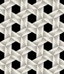 Seamless pattern with spiral curls. Vector repeating texture. Stylish background with linear twisted elements which form hexagons.