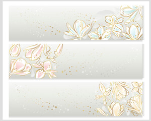 Vector banner with gold flowers in line art style. Golden magnolia flowers.	