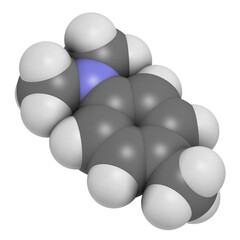 N,N-dimethyl-p-toluidine (DMPT) molecule. Commonly used as catalyst in the production of polymers and in dental materials and bone cements. 3D rendering.