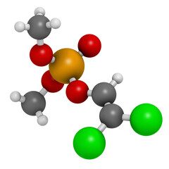 Dichlorvos organophosphate insecticide molecule. Neurotoxin pesticide that blocks the acetylcholinesterase enzyme.