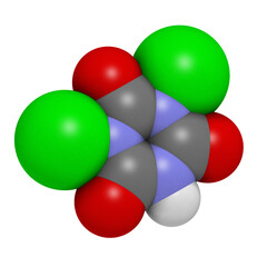 Troclosene (dichloroisocyanuric acid) molecule. Used as disinfectant, deodorant, biocide, detergent and in water purification.