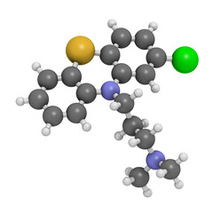 Chlorpromazine (CPZ) antipsychotic drug molecule. Used to treat schizophrenia.