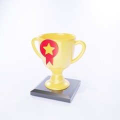 3D rendering of shiny golden trophy with black base and red one star.