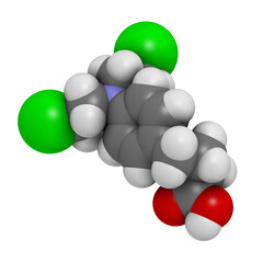 Chlorambucil leukemia drug molecule. Nitrogen mustard alkylating agent mainly used to treat chronic lymphocytic leukemia (CML).