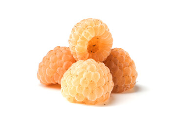 Fresh ripe yellow raspberries on a white background. Yellow raspberries, Berry harvest, Ripe...