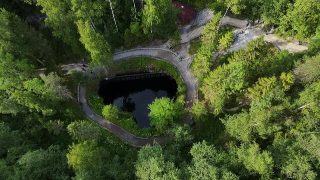 Marble quarry filled with water. Ruskeala. Drone view