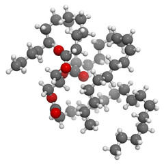 Saturated animal fat triglyceride (butter, cheese, beef, etc) molecule