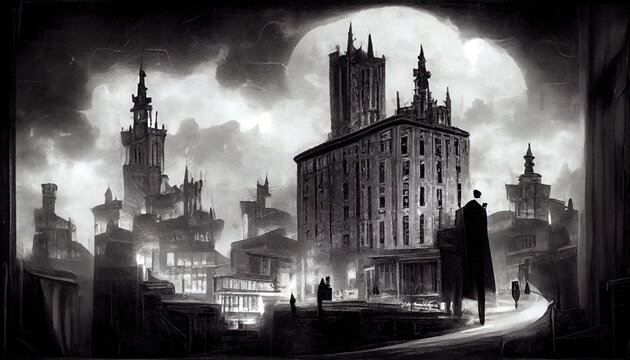 A Noir Black And White City In A Mafia Retro Style Art