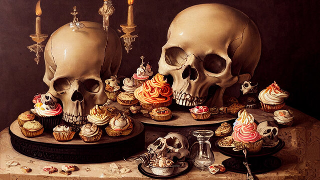 Halloween spooky   still life skuls and  candy cupcakes, warm   colours, digital illustration art