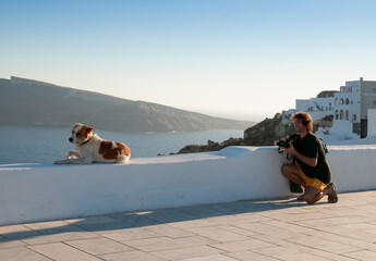 A friendly dog rests on top of a small wall in the village of Oia in Greece while a tourist takes a...