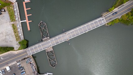Aerial shot of a road bridge on a lake