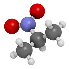 Nitropropane (2-nitropropane, 2-NP) chemical solvent molecule. Used as solvent in production of ink, polymers, coatings, adhesives, etc.
