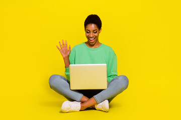 Photo of pretty friendly short hair person dressed casual pullover communicating modern device isolated yellow color background