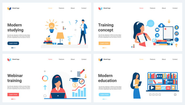 Online learning, modern education and knowledge set vector illustration. Cartoon students work with digital library service, video training concept for banner, website design or landing web page