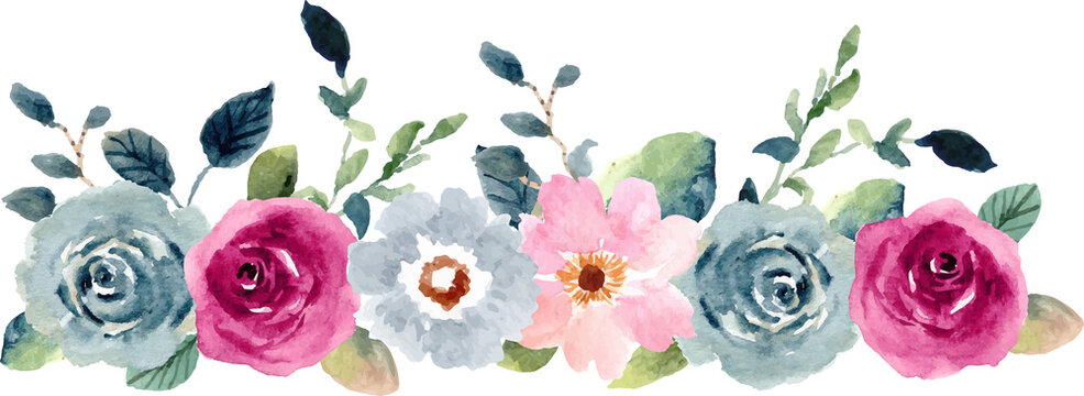 pink blue floral bouquet watercolor border