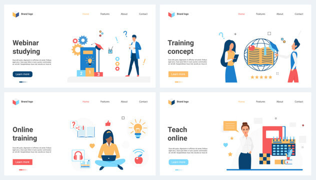 Online training, education services set vector illustration. Cartoon student and teacher study in modern future remote school, elearning concept for banner, website design or landing web page